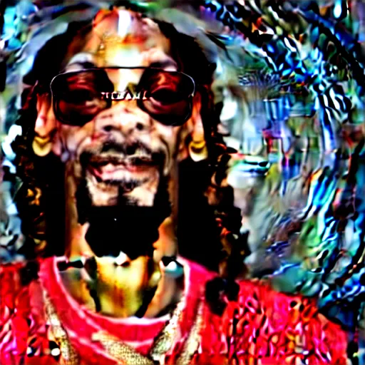 Image similar to Snoop Dog with big eyes eye color red , smiling and holding a joint in his hand