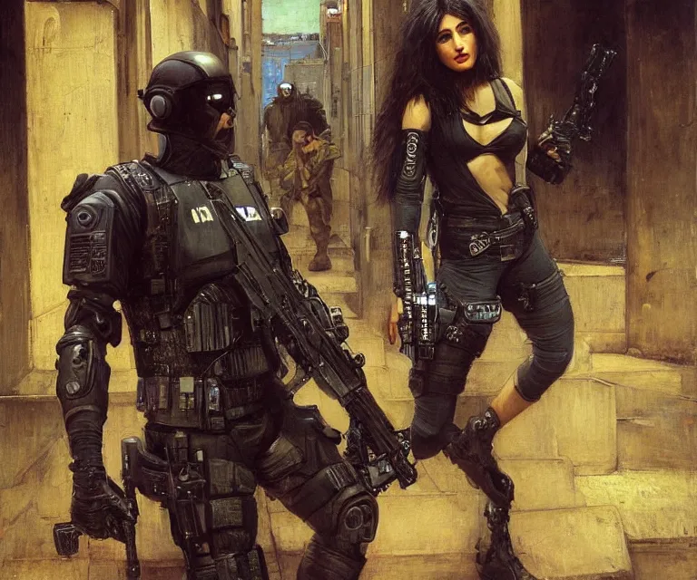 Image similar to Maria evades sgt rhodes. Cyberpunk hacker escaping Menacing Cyberpunk police trooper wearing a combat vest. (dystopian, police state, Cyberpunk 2077, bladerunner 2049). Iranian orientalist portrait by john william waterhouse and Edwin Longsden Long and Theodore Ralli and Nasreddine Dinet, oil on canvas. Cinematic, vivid colors, hyper realism, realistic proportions, dramatic lighting, high detail 4k