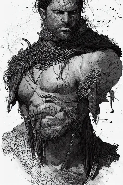 Image similar to Portrait of male dnd barbarian, pen and ink, intricate line drawings, by John Harris, Emil Melmoth, Craig Mullins, yoji shinkawa , artstation, moebius comic, Marc Simonetti, Ian McQue, Kentaro Miura, hyper detailed, cinematic