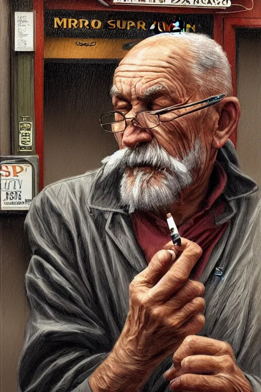 Prompt: an old man sitting in front of a barber shop, smoking a djarum super!!, intricate, elegant, highly detailed, digital painting, artstation, concept art, smooth, sharp focus, illustration, art by ortner and mike dargas and marco grassi, 8 k