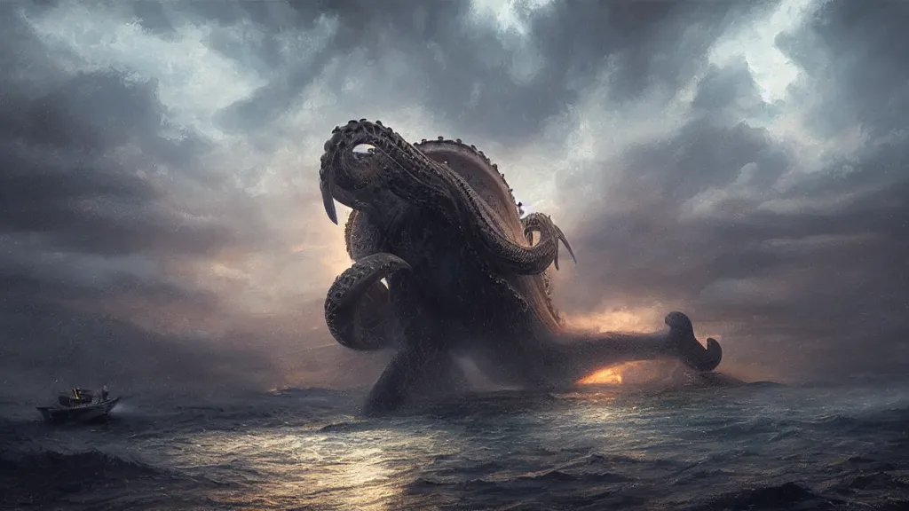 Prompt: small boat in foreground, giant big kraken in the background, lightning in background, intricate, detailed, volumetric lighting, sharp focus, scenery, photorealism, digital painting, highly detailed, concept art, ruan jia, steve mccurry