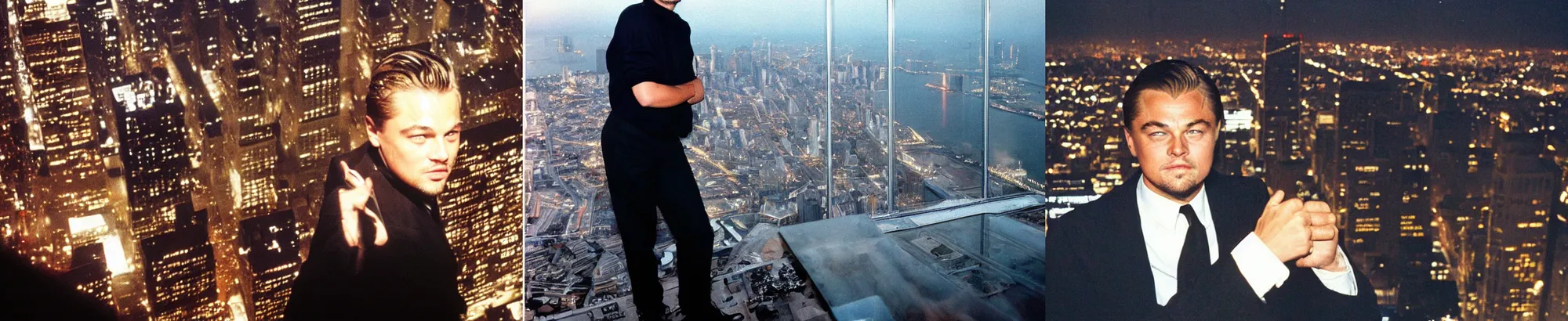 Prompt: Leonardo DiCaprio on the top of the world trade center 1990's, night time.