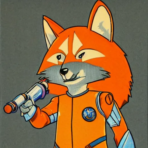 Image similar to 1 9 8 0 s video game art of anthropomorphic fox mccloud from starfox fursona furry fox in a space cadet uniform, looking heroic high quality colored pencil