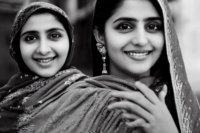 Prompt: still photo of a beautiful pakistani woman smiling at the camera on the street, black and white color aesthetic, highly detailed, photorealistic portrait, bright studio setting, studio lighting, crisp quality and light reflections, unreal engine 5 quality render