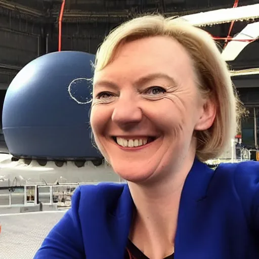 Prompt: a smiling Liz Truss takes a selfie as a nuclear bomb explodes behind her