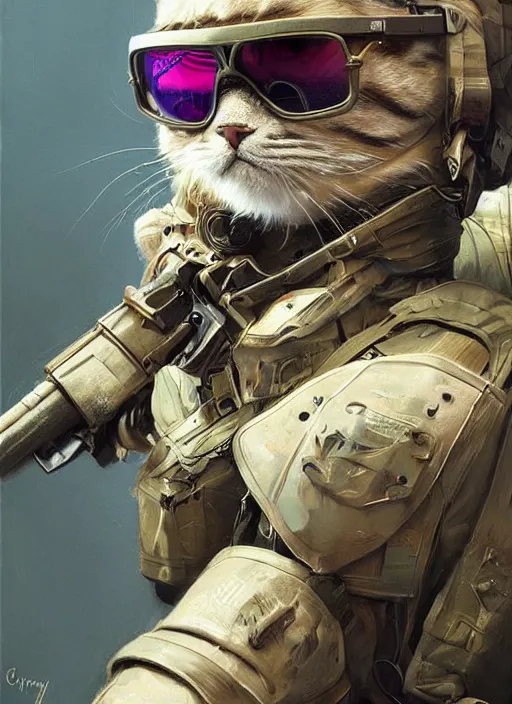 Prompt: a portrait of a futuristic british longhair cat wear soldier clothes in war scene, wear helmet and ray - ban glass, pastel vibe, hyper realistic, concept art, intricate, hyper detailed, smooth, vibrant, by greg rutkowski