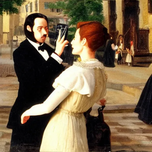 Image similar to niclas weintz trying to flirt with anne hathaway in a sunny street with jealous women with black hair standing in the back, 4 k, painting by eugene de lacroix, beautiful, high detail,