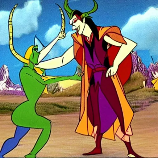 Image similar to Film still, animation frame of the trickster god Loki playing a trick on princess, from the Disney animated film, Valhalla (1996)