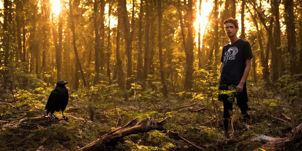 Image similar to mixture between a human and crow, golden hour, photograph captured in a forest