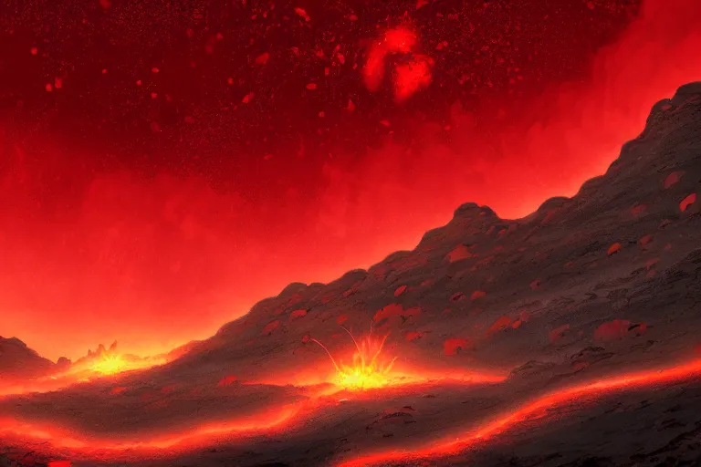 Image similar to red themed lava landscape, meteor shower, epic, miyazaki style, cinematic, indie, highly detailed, featured on artstation, highly detailed, abstract