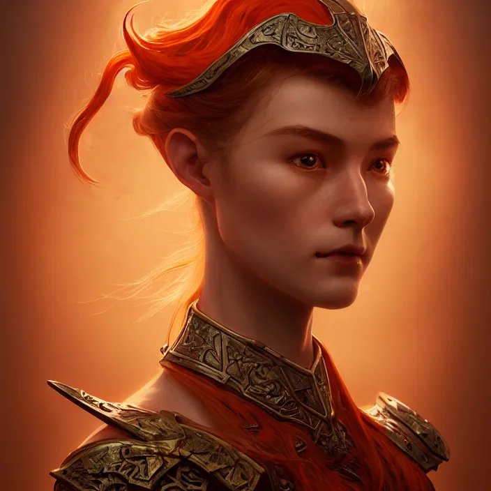 Image similar to head and shoulders portrait of a d & d ranger with her porcelain armor, chinese kangxi orange and white, volumetric lighting, fantasy, intricate, elegant, lifelike, photorealistic, artstation, concept art, sharp focus, by john collier and albert aublet and krenz cushart and artem demura and alphonse mucha