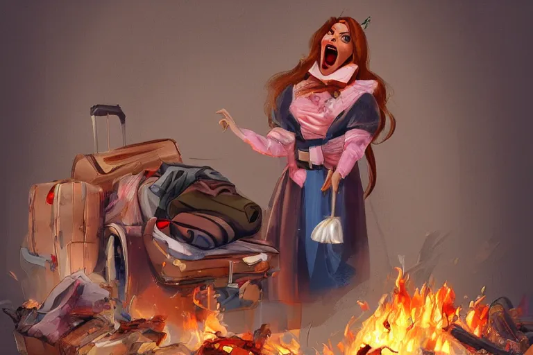 Image similar to a crazy opera singer hurries up to pack daughter's things in suitcase, surrounded with fire, clothes are flying around in room, digital art, trending on artstation