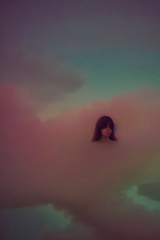 Image similar to high quality pastel coloured film close up wide angle photograph of a model wearing clothing resting on cloud furniture in a icelandic black rock!! environment in a partially haze filled dreamstate world. three point light, rainbow. photographic production. art directed. pastel colours. volumetric clouds. pastel gradient overlay. waves glitch artefacts. extreme facial clarity. 8 k. filmic.