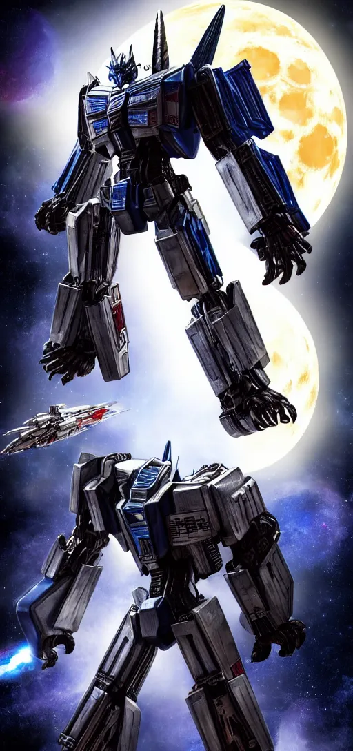 Prompt: transformers optimus prime fighting along megatron against unicorn to save earth under moon :: detailed portrait, high definition, cinematic