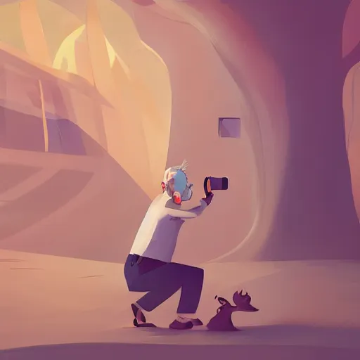 Image similar to cute cartoon character, curled perspective, digital art, beard grandpa taking a photo to a baby girl, anton fadeev