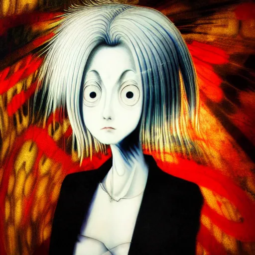 Image similar to yoshitaka amano blurred and dreamy realistic three quarter angle portrait of a woman with white hair and black eyes wearing dress suit with tie, junji ito abstract patterns in the background, satoshi kon anime, noisy film grain effect, highly detailed, renaissance oil painting, weird portrait angle, blurred lost edges