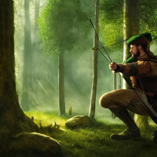 Image similar to Robin Hood with long bow in a forest, 4k, artstation, cgsociety, award-winning, masterpiece, stunning, beautiful, glorious, powerful, fantasy art