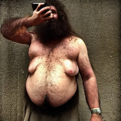 Image similar to “ a primitive pre human woman Neanderthal ,hairy body, posing for a photo with an iPhone in a trending fashion way, anthropology photography, National Geographic ”
