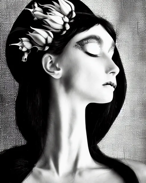 Image similar to a black and white high quality dreamy photo of a young beautiful female queen-dragon-vegetal-flower-cyborg bust with a very long neck, elegant, highly detailed, poetic, soft, dreamy, mysterious, high fashion, rim light, in the style of Ellen von Unwerth, Realistic, Refined, Digital Art, Highly Detailed, Cinematic Lighting, rim light, black and white, photo-realistic, 8K