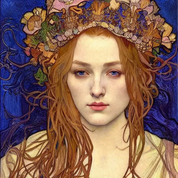 Image similar to detailed realistic beautiful young medieval queen face portrait by jean delville, alphonse mucha, vincent van gogh, and marco mazzoni, art nouveau, symbolist, visionary, gothic, pre - raphaelite