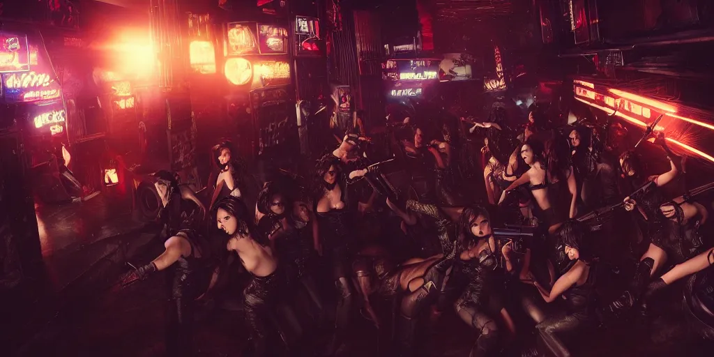 Prompt: epic highly detailed photo of gangs of girls fighting in cyberpunk night adult club, 3 5 mm, guns blasting, low angle, blade runner, akira, cinematic angle, cinematic lighting, reflections, action, battle
