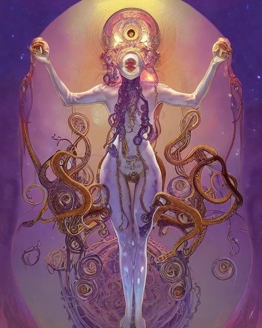 Image similar to alien goddess with body of octopus dreamy vision, highly detailed, gold filigree, romantic storybook fantasy, award, watercolor illustration by mandy jurgens and alphonse mucha and alena aenami, pastel color palette, featured on artstation