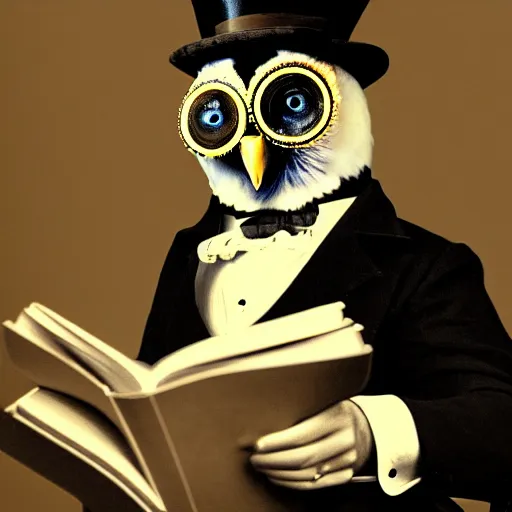 Image similar to an owl wearing a monocle and a top hat, sitting in an armchair and reading a book, portrait, award-winning photo, 4k