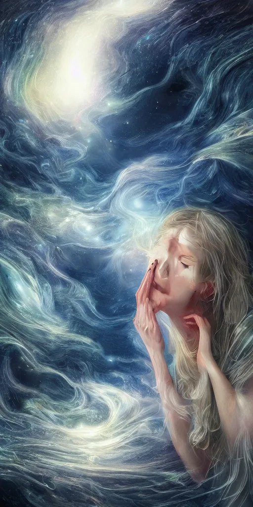 Image similar to insanely surreal dynamic digital painting of god grieving cosmic tears, hyper detailed by random artists, beautiful, transient, elegant, transcendental, sad, photorealistic, cinematic