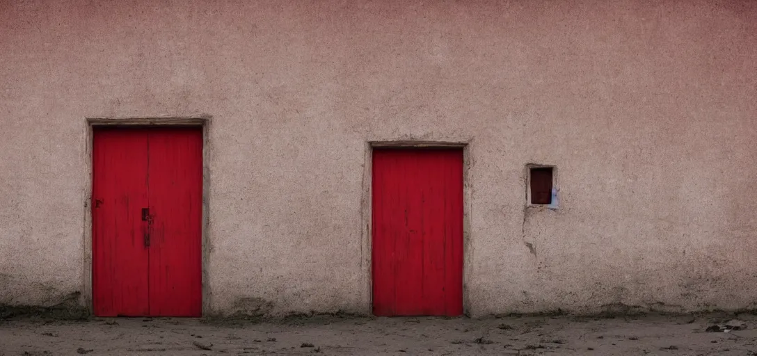 Prompt: huge detailed red door standing in wasteland in style of zdzisław beksinski