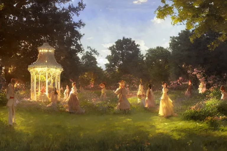 Prompt: an ornate victorian garden, party in front, scene in an open field. 1 8 9 0, key visual, conceptart, ambient lighting, highly detailed, digital painting, artstation, concept art, sharp focus, by makoto shinkai and akihiko yoshida and greg manchess