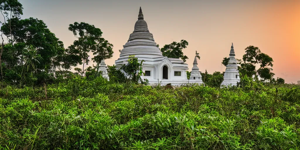 Prompt: abandoned sri lankan temple with white stupa, overgrown greenery, photography, evening sunset