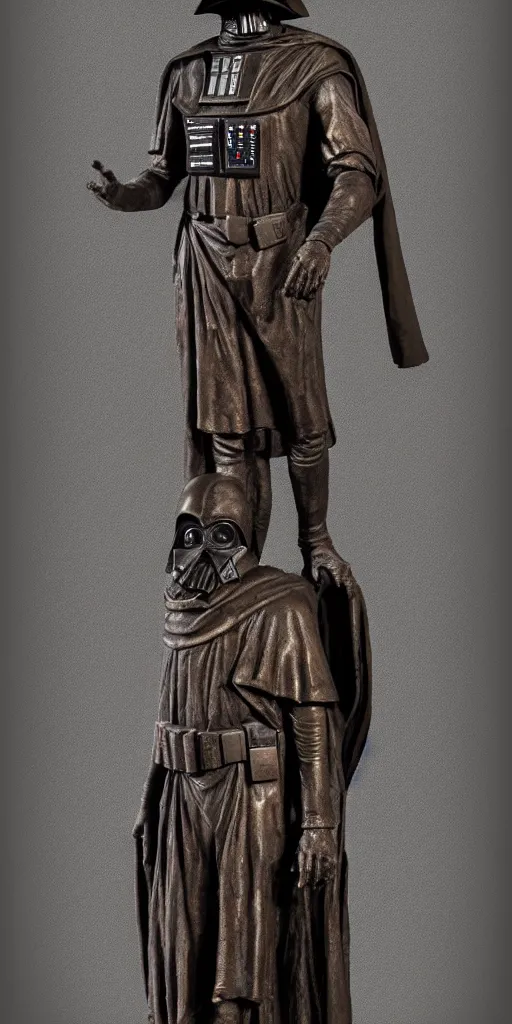 Image similar to detailed photo of an old bronze patina statue of dark vador, full body portrait, various pose, photorealism, intricate detail, museum diffuse lighting
