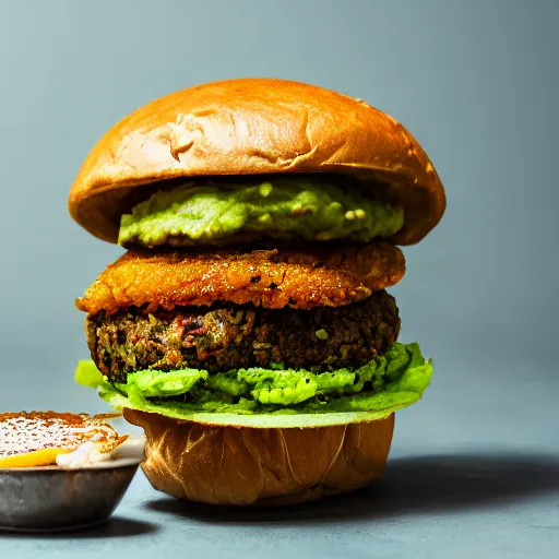 Image similar to vegan hamburger with guacamole topping and crispy fried onion topping and a fried egg topping, crispy buns, 8 k resolution, professional food photography, studio lighting, sharp focus, hyper - detailed