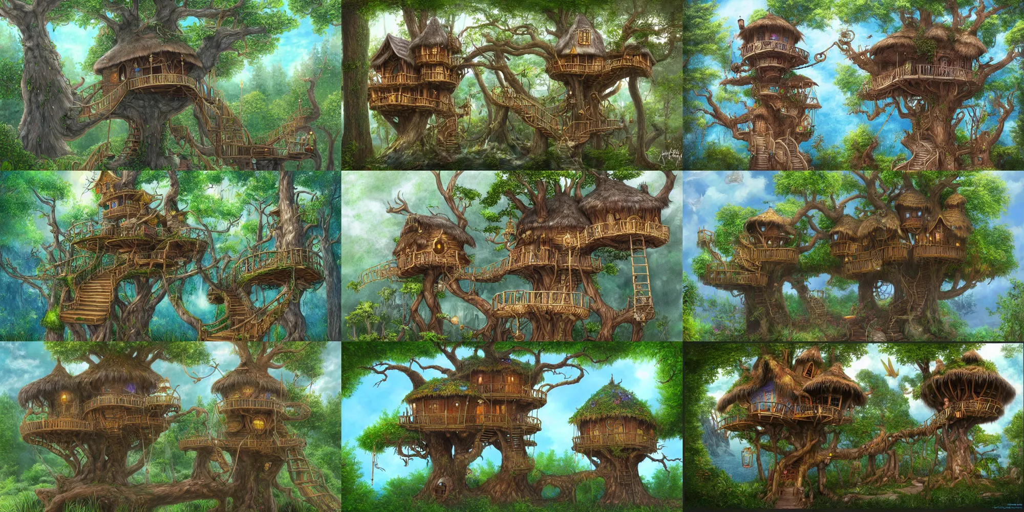 Prompt: highly realistic and detailed artist style of a magical mystical fantasy island treehouse