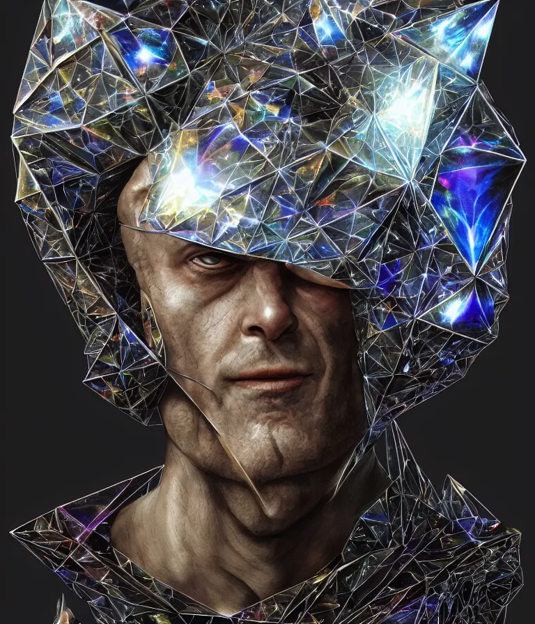 Image similar to front!!! shot of a court jester!!! character, mesmerizing fractal hypercubes, platinum cracked, dark holography!!!, future, metallic galactic, crystalline edges, polygonal, elegant, highly detailed, centered, (((artstation, concept art, jagged, sharp focus, artgerm, Tomasz Alen Kopera, Peter Mohrbacher, donato giancola, Joseph Christian Leyendecker, WLOP, Boris Vallejo))), ((raytracing)), mugshot!!!!!, ugly!!!!!!, octane render, nvidia raytracing demo, octane render, nvidia raytracing demo, octane render, nvidia raytracing demo, 8K, cinematic, masterpiece, fine portrait