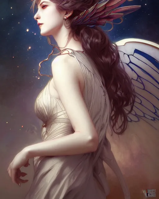 Image similar to portrait of a woman with wings, pixie character, genshin impact, fantasy magic, dark light night, intricate, elegant, sharp focus, illustration, highly detailed, concept art, matte, art by wlop and artgerm and greg rutkowski and alphonse mucha and kidmo, anime, trending on artstation