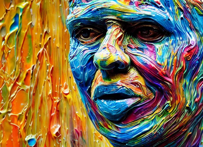 Image similar to still shot close up footage of a human head made of acrylic pour and splashing paint and dripping paint, thick impasto paint, embossed paint, big flying chunks of paint, motion blur, hyperrealistic, medical, intricate art photography, anatomically correct, realistic crisp textures, 1 6 k