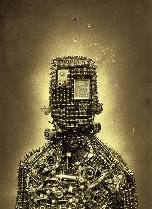 Image similar to old wetplate daguerreotype portrait of futuristic cyborg robot made from small screws and electrical wire, explosion of data fragments, fractal, intricate, elegant, highly detailed, parallax, leica, medium format, subsurface scattering, by jheronimus bosch and greg rutkowski and louis jacques mande daguerre