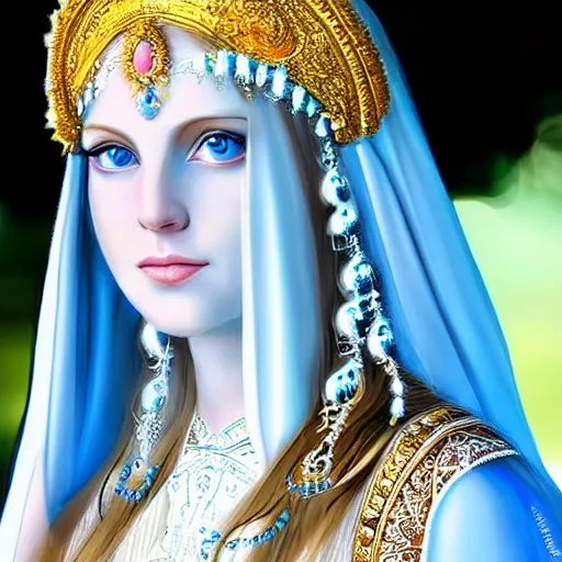 Image similar to goddess, mother god, beautiful, majestic, beautiful blue big eyes, long blond hair, dressed with white silk and head veil, goodness, love light life, grace, goodness, sweet, intelligent, sparkles of light on his head, blue sky