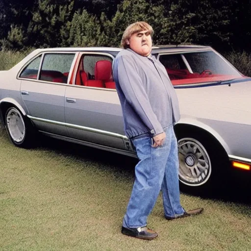 Image similar to John candy standing beside a 1980s American car, portrait, hyperdetailed, hyperrealistic, aesthetic