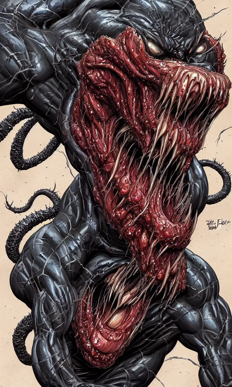 Image similar to hyper realist three quarter angle full body long shot of bodybuilder venom from marvel comics!!!!, large mouth with teeth, large tongue, lovecraftian horror!!, fantasy, intricate, elegant, highly detailed, digital painting, artstation, concept art, matte, sharp focus, illustration, art by glenn fabry and giger