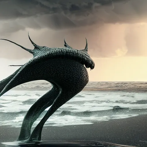 Prompt: a stunning cinematic wide shot of a beautiful confused slick sleek smooth humanoid sea monster wearing clothes made of seaweed on a dark stormy beach, well designed perfect with slick led eyes, sharp claws, cgsociety, hd octane render, fantasy, furry art, artstation, deviantart, furaffinity, very very clean