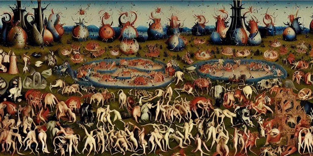 Prompt: A scene from hell, Garden of Earthly Delights painting style.