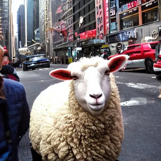 Image similar to sheep from 'Sheep in the Big City' drinking a beer. New York City.