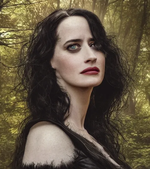 Prompt: 5 5 mm close up portrait photo of eva green as yennefer of vengerberg in black leather armor and long black fluff hair, in a forest. magical atmosphere. art by greg rutkowski. lifelike. very detailed 8 k. intricate. soft light. nikon d 8 5 0.