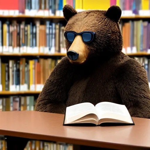 Prompt: photograph of a bear at the library, sat down at a table and reading a book while wearing glasses