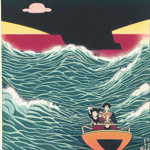 Prompt: by osamu tezuka balmy, monumental amaranth, cinnamon. the mixed mediart of a huge wave about to crash down on three small boats. the boats are filled with people, & they all look terrified.