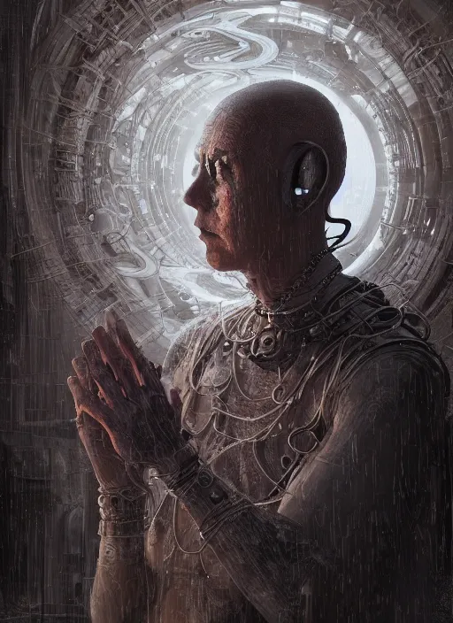 Prompt: portrait of a meditating cybernetic monk, cyberpunk, fractal, in the style of ghosts in the shell, intricate ornaments, elegant, highly detailed, digital photography, subsurface scattering, by jheronimus bosch and greg rutkowski,