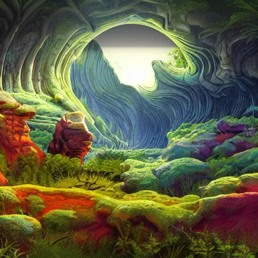 Image similar to digital painting of a lush natural scene on an alien planet by gerald brom. digital render. detailed. beautiful landscape. colourful weird vegetation. cliffs and water.