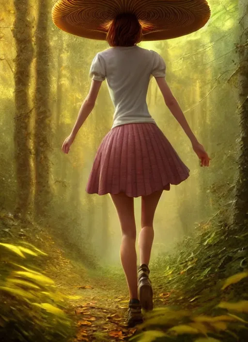 Image similar to young woman walking in short rose skirt : : magic forest mushrooms nature : : weta disney pixar movie still photo : : decadent highly - detailed digital painting, full length shot, golden ratio, octane render, artstation, smooth, sharp focus, artgerm, mucha, loish, wlop, gogo